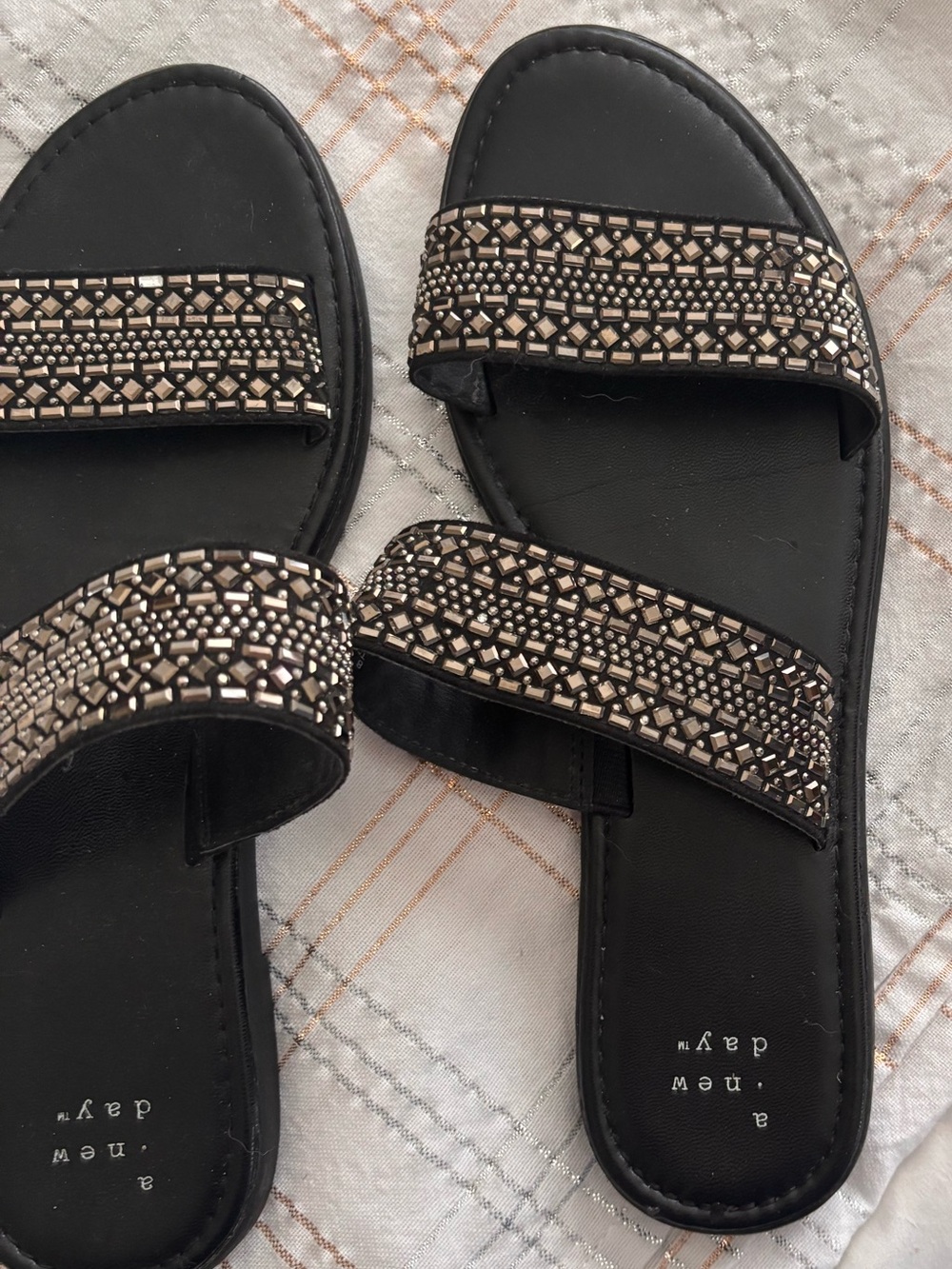a new day Black Slide Sandals with Metallic Bead Straps